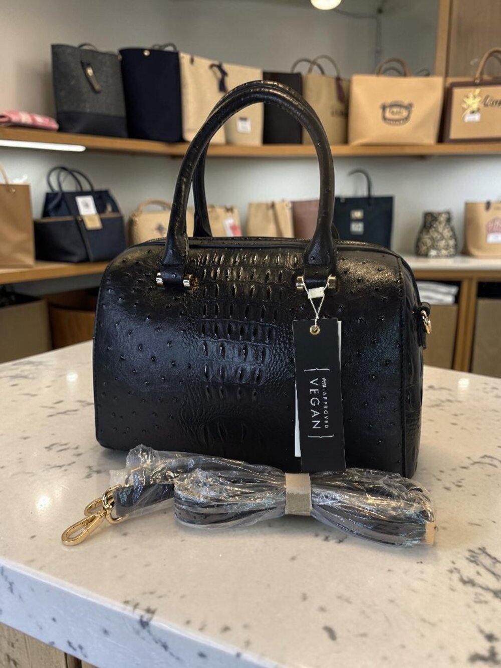 Black Ostrich Embossed Doctor Style Bag By Isabelle  NWT